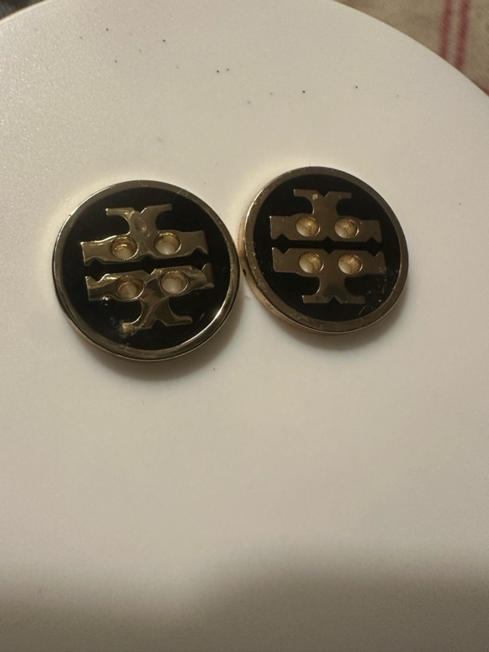 Tory Burch Black and Gold Logo Button Earrings - Round Emblem